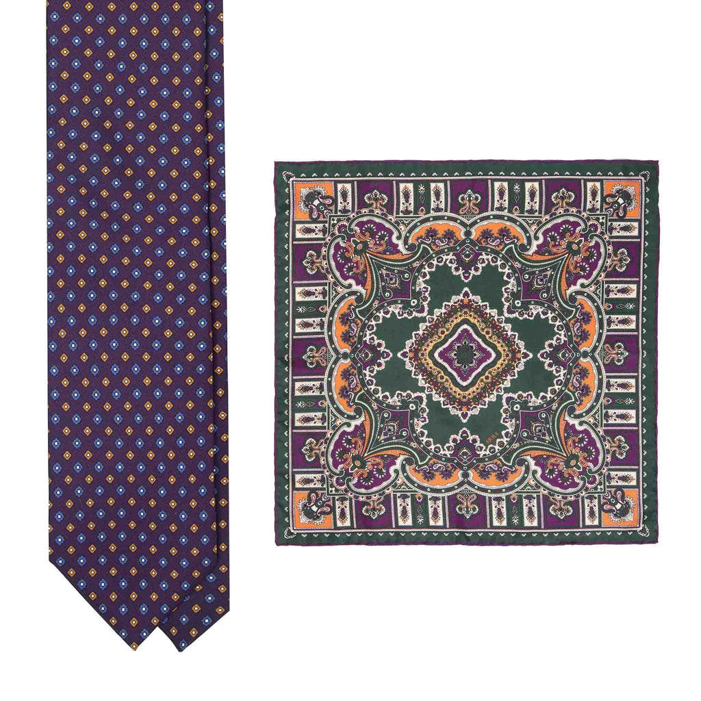 Purple Silk Tie & Green Pepper Barolo Pocket Square Set Serà Fine Silk