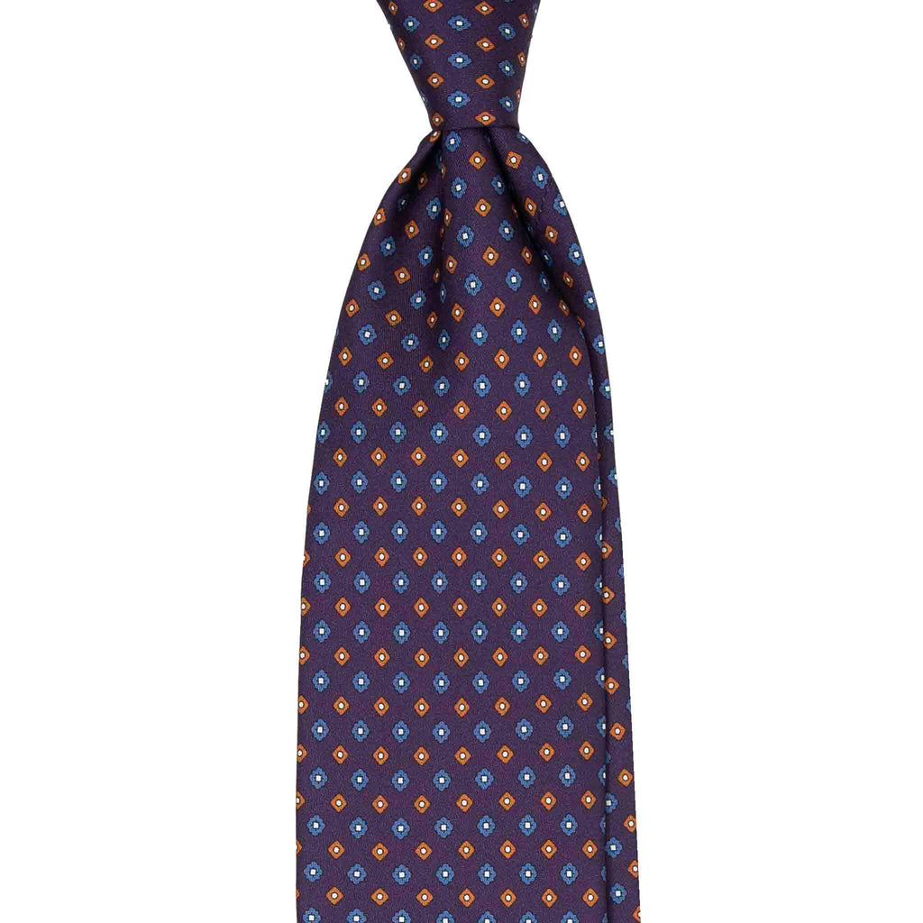 Purple Silk Tie with Orange & Blue Square Flowers Serà Fine Silk