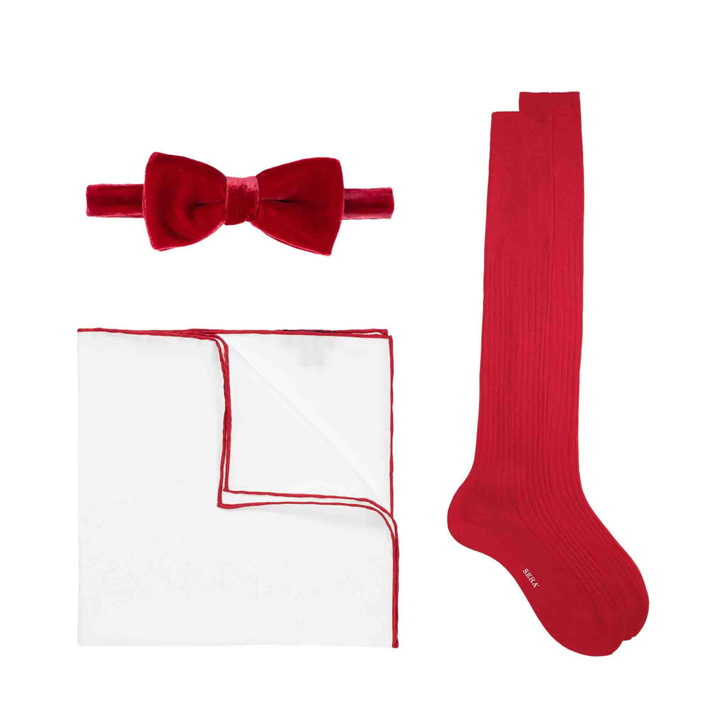 Red Velvet Bow Tie & White Pocket Square & Red Socks Set Serà Fine Silk