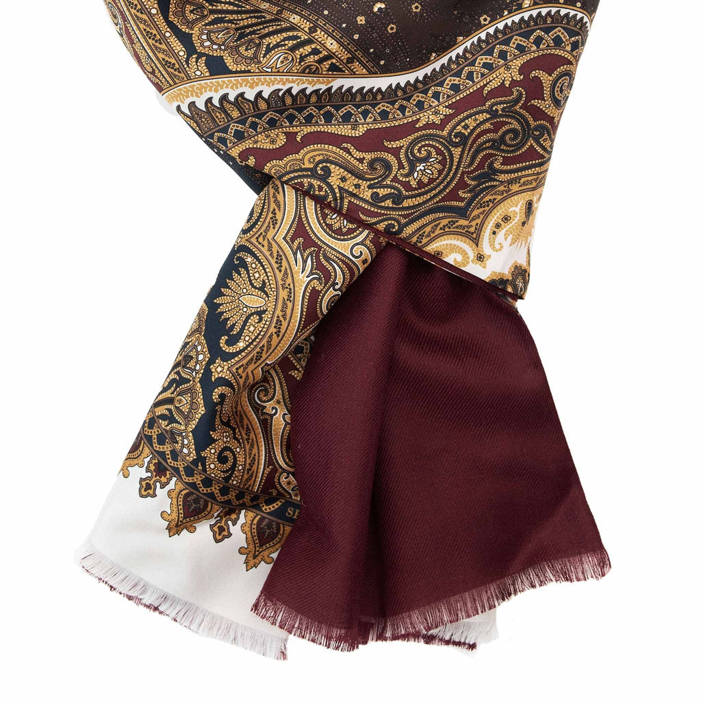 Burgundy and White Paisley Cashmere Scarf Serà Fine Silk