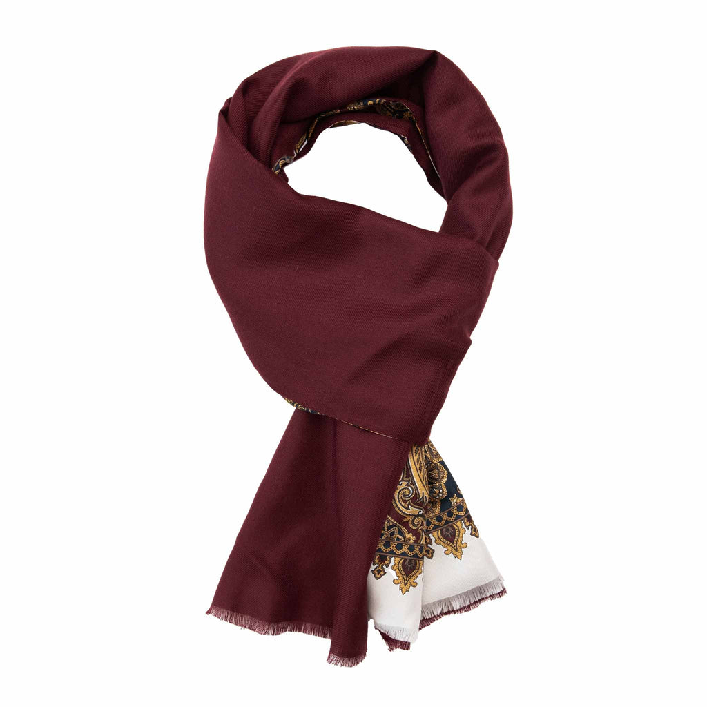 Burgundy and White Paisley Cashmere Scarf Serà Fine Silk