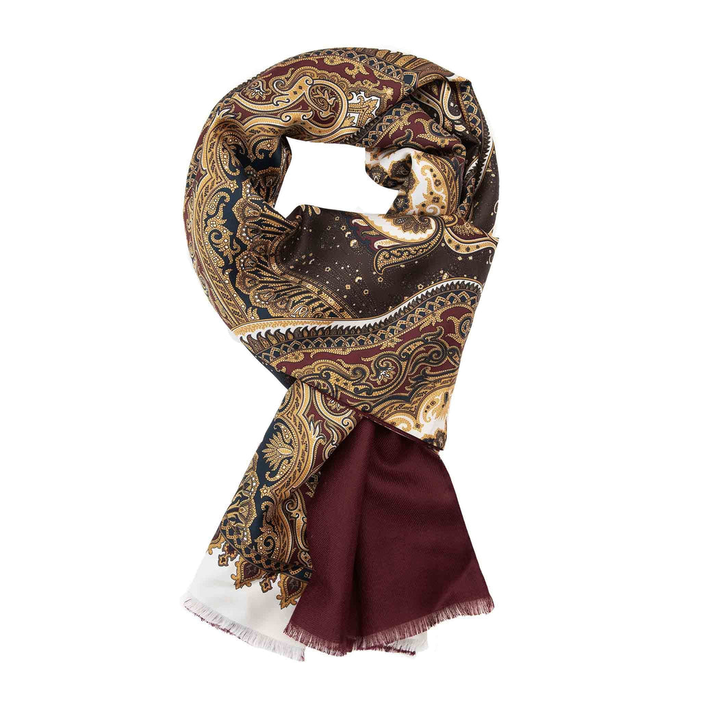 Burgundy and White Paisley Cashmere Scarf Serà Fine Silk