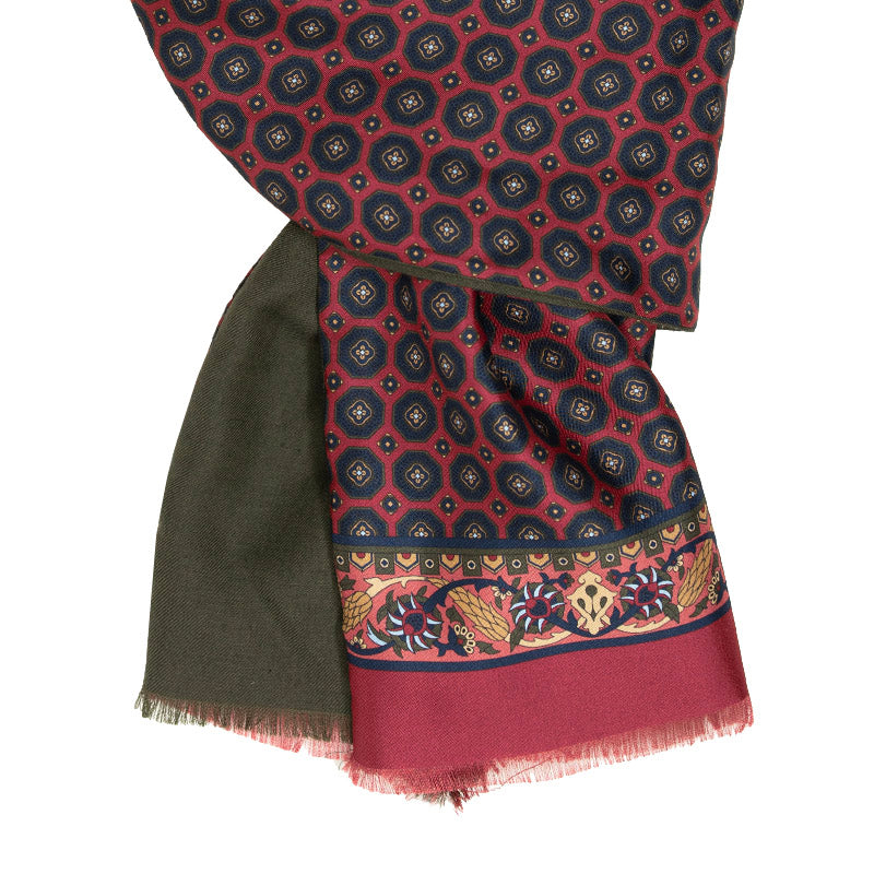 Burgundy and Green Medallions Cashmere & Silk Scarf Serà Fine Silk