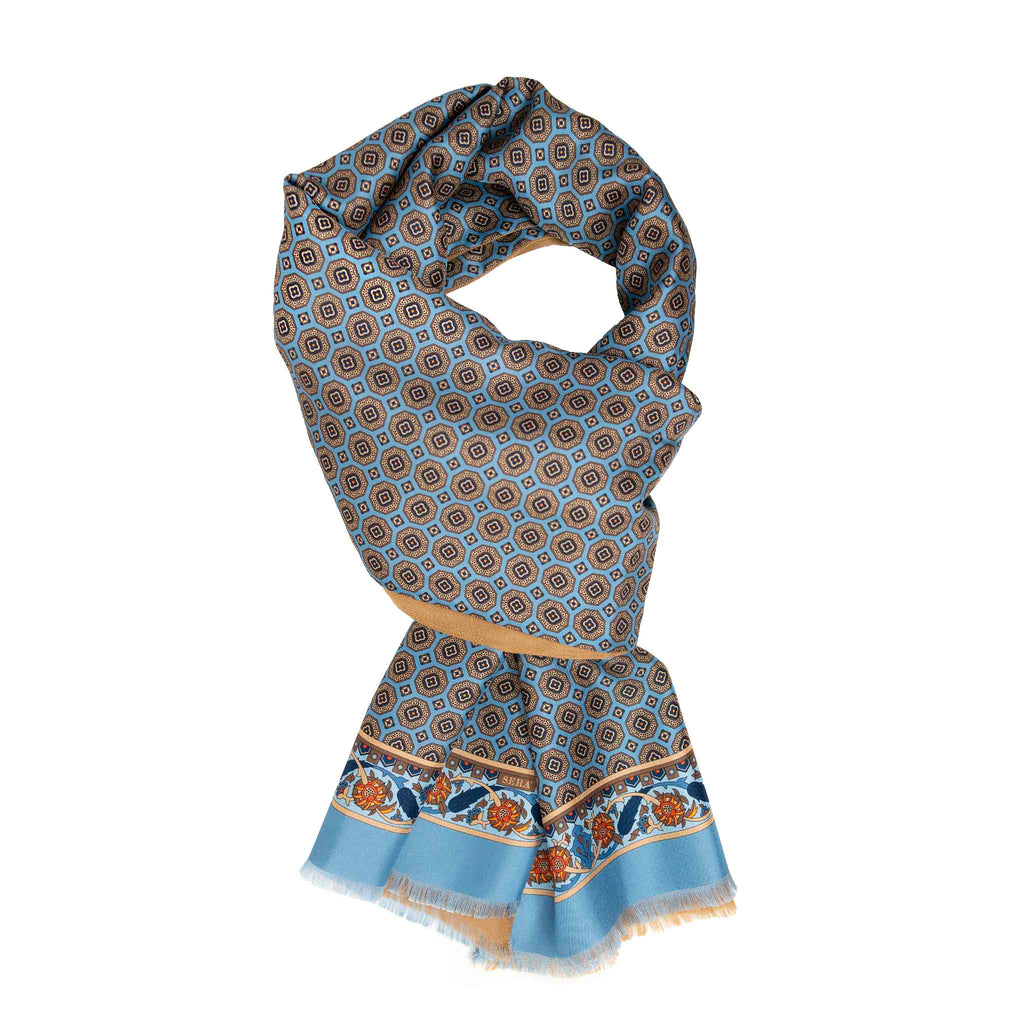 Light Blue and Camel Medallions Cashmere & Silk Scarf Serà Fine Silk