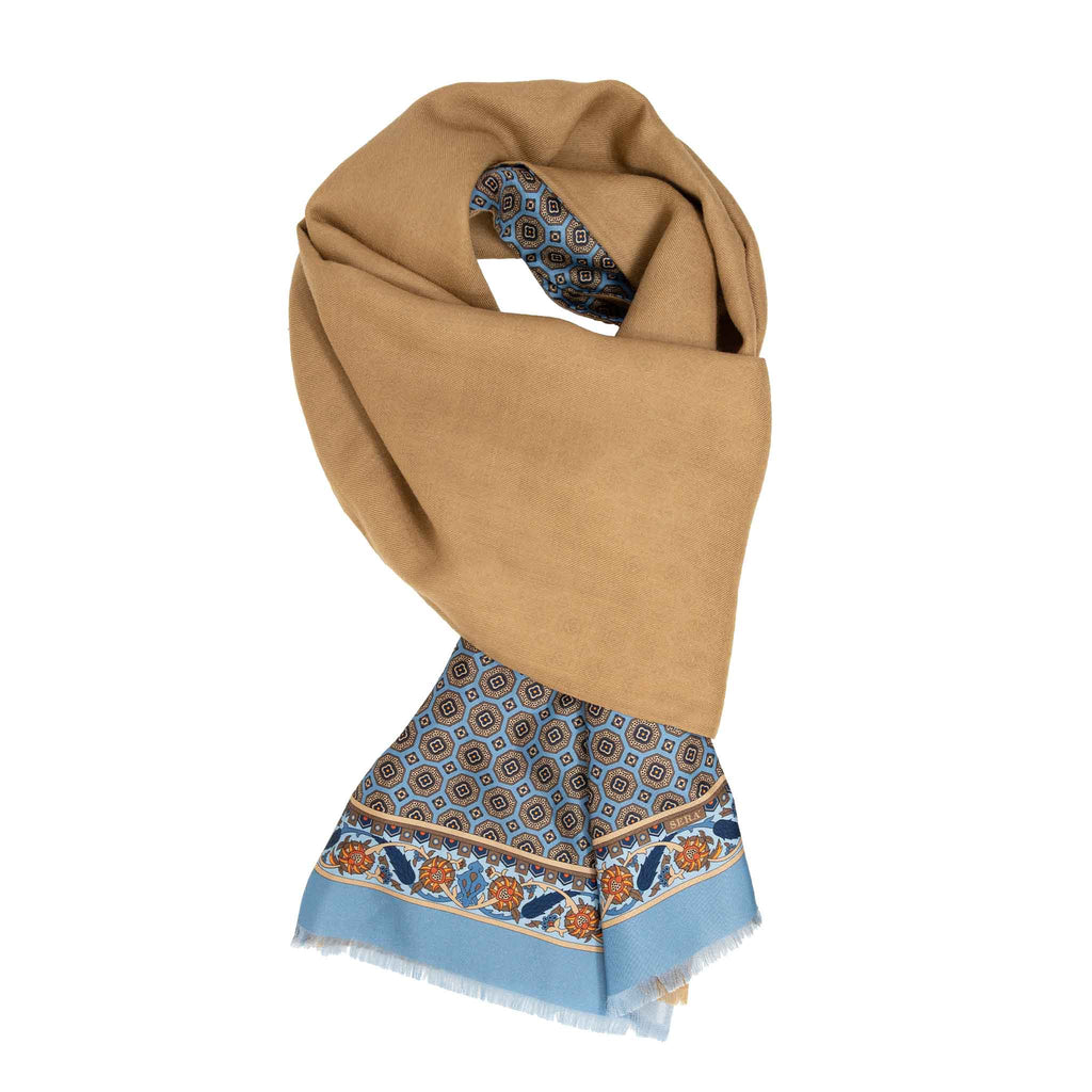 Light Blue and Camel Medallions Cashmere & Silk Scarf Serà Fine Silk