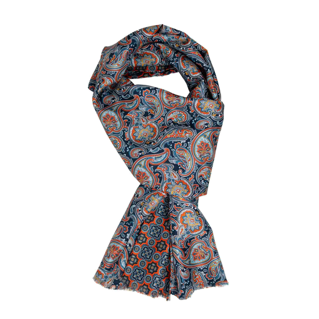 Blue with Orange Paisley and Medallions Silk Scarf Serà Fine Silk