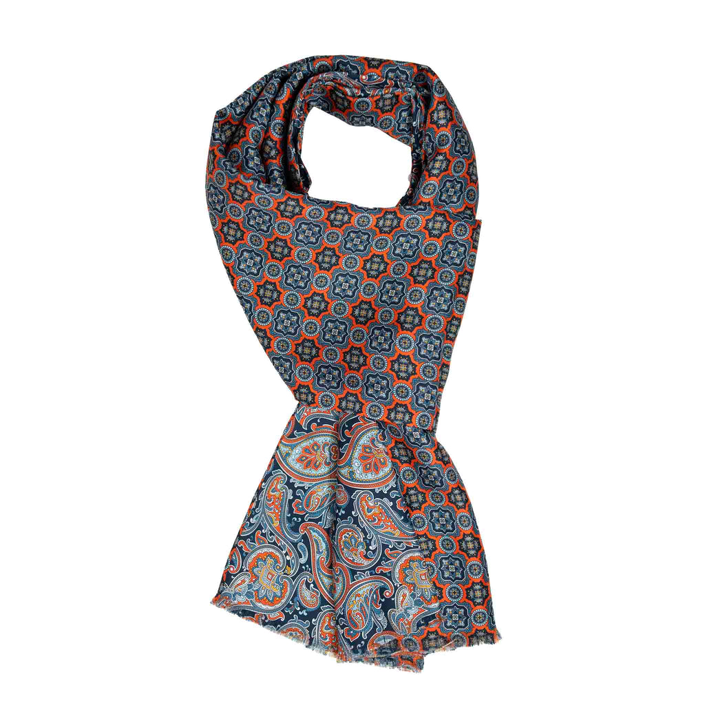 Blue with Orange Paisley and Medallions Silk Scarf Serà Fine Silk