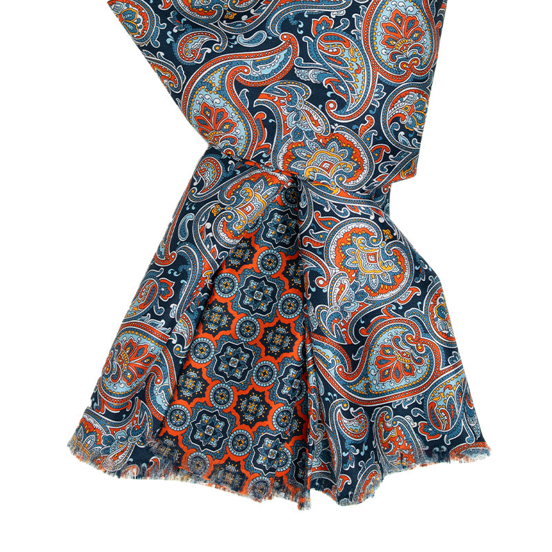 Blue with Orange Paisley and Medallions Silk Scarf Serà Fine Silk