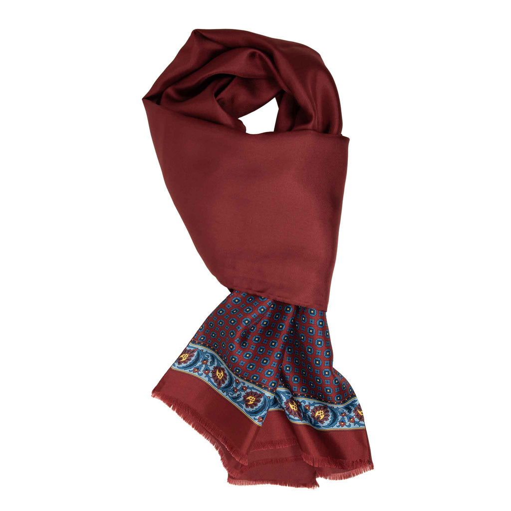 Burgundy with Blue Circle Pattern Silk Scarf Serà Fine Silk