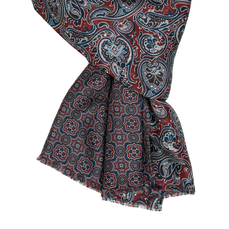 Burgundy with Grey Paisley and Medallions Silk Scarf Serà Fine Silk