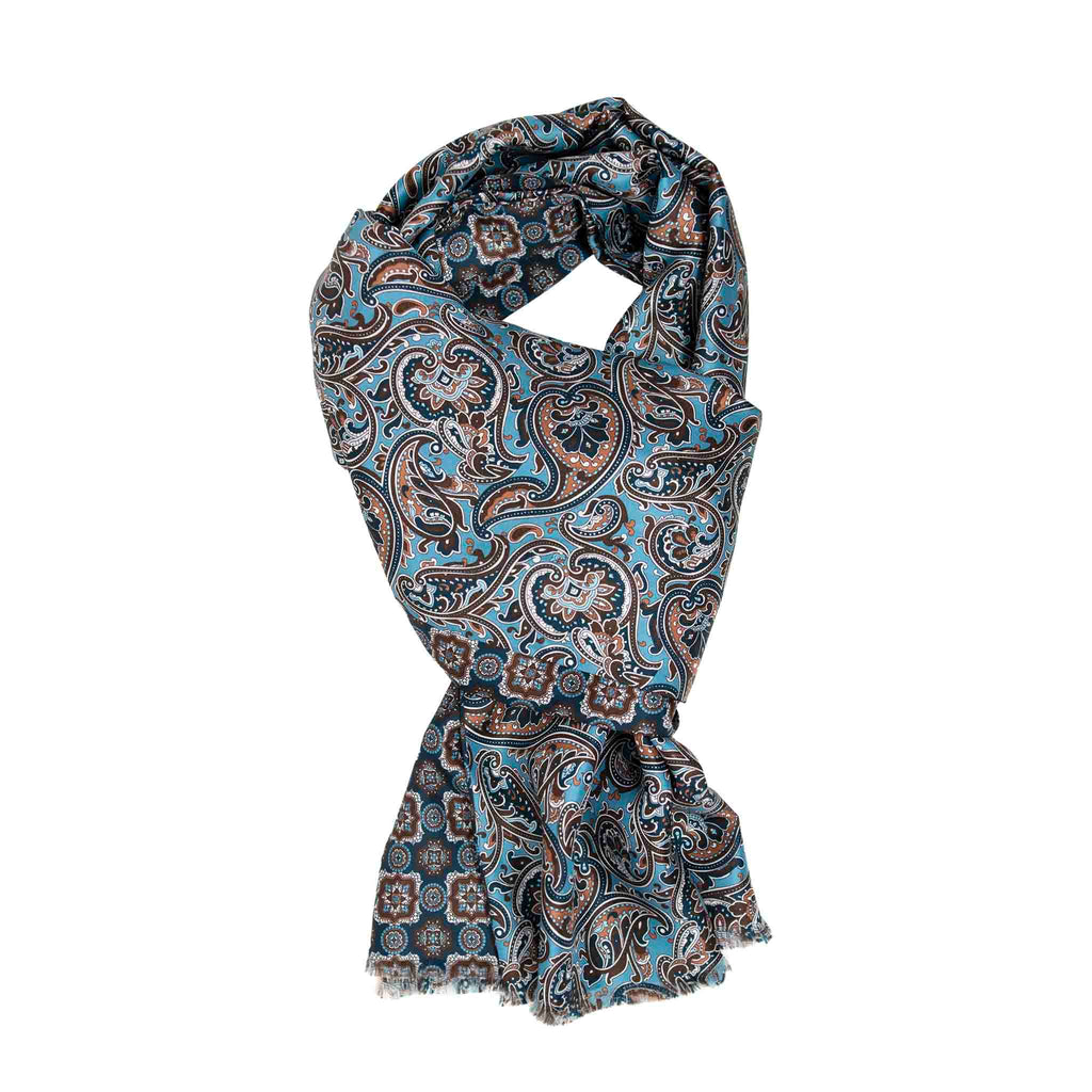 Light Blue with Brown Paisley and Medallions Silk Scarf Serà Fine Silk