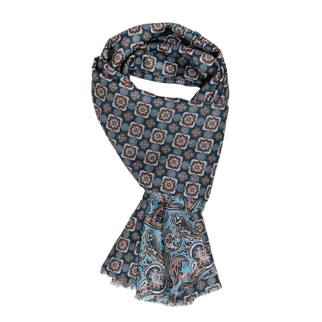 Light Blue with Brown Paisley and Medallions Silk Scarf Serà Fine Silk