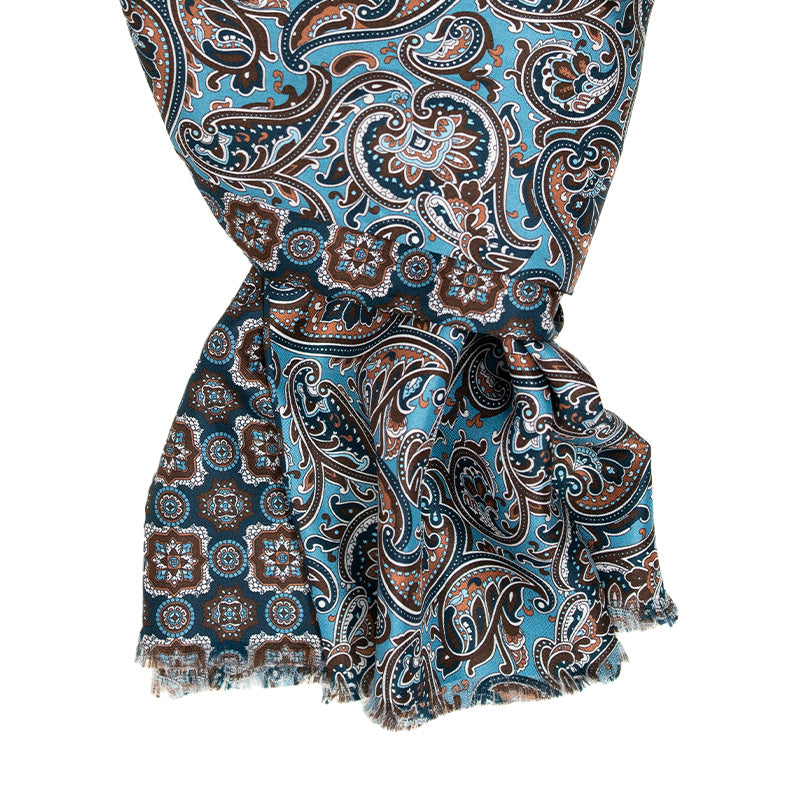 Light Blue with Brown Paisley and Medallions Silk Scarf Serà Fine Silk