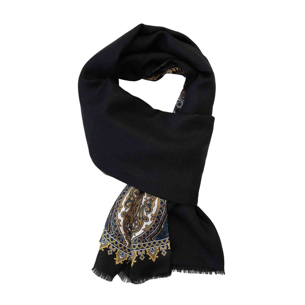 Black and Gold Paisley Cashmere and Silk Scarf Serà Fine Silk