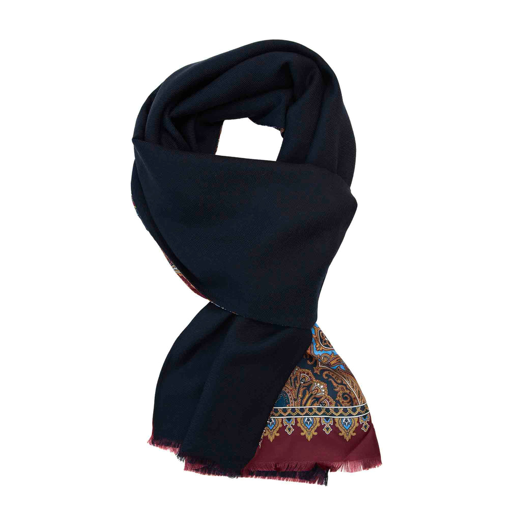 Blue and Burgundy Paisley Cashmere Scarf Serà Fine Silk