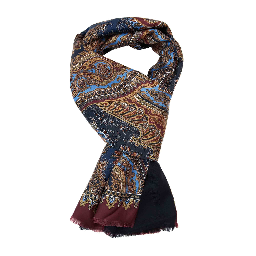 Blue and Burgundy Paisley Cashmere Scarf Serà Fine Silk