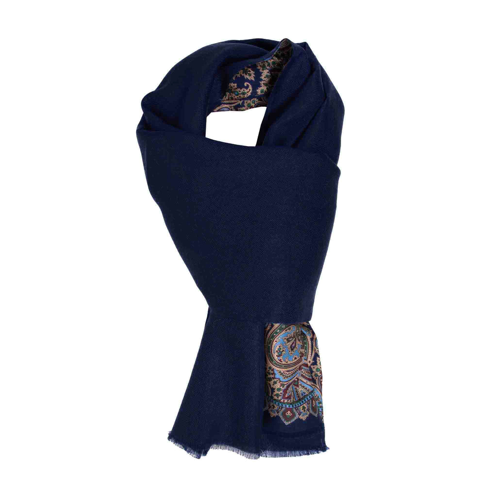 Navy Blue and Sand Paisley Cashmere & Silk Scarf Serà Fine Silk