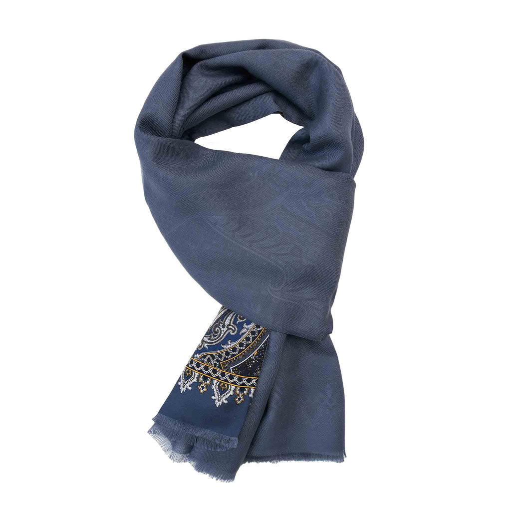 Dust Blue and Navy Paisley Cashmere Scarf Serà Fine Silk