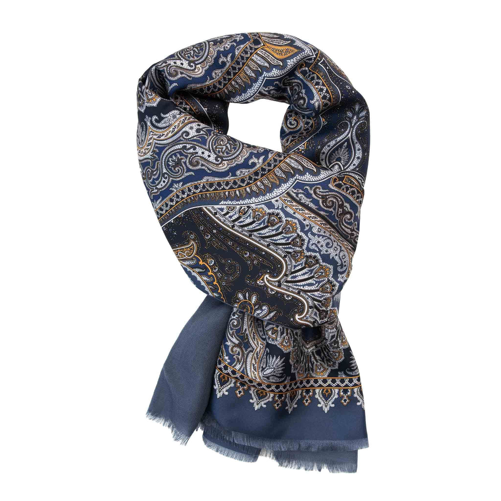 Dust Blue and Navy Paisley Cashmere Scarf Serà Fine Silk