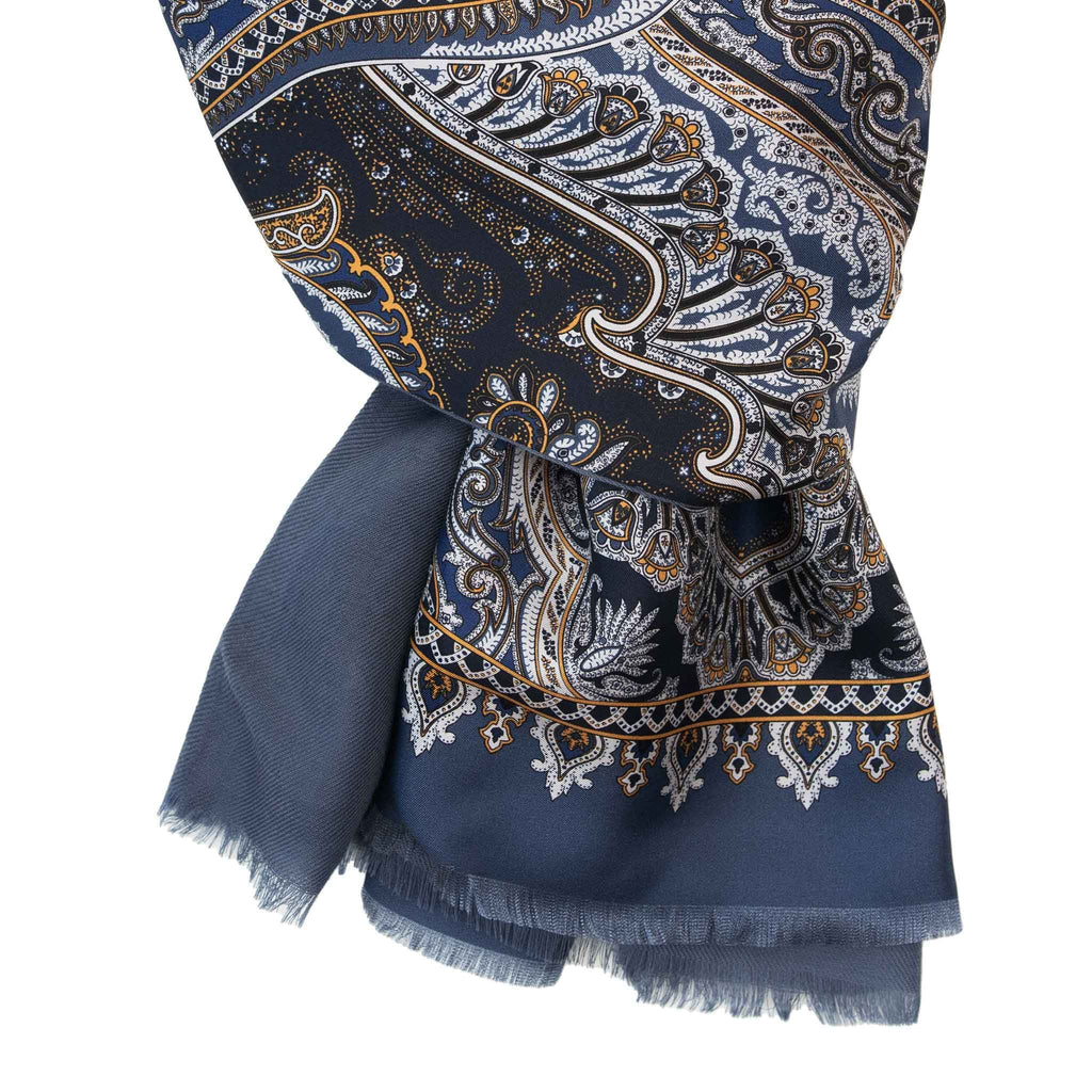 Dust Blue and Navy Paisley Cashmere Scarf Serà Fine Silk