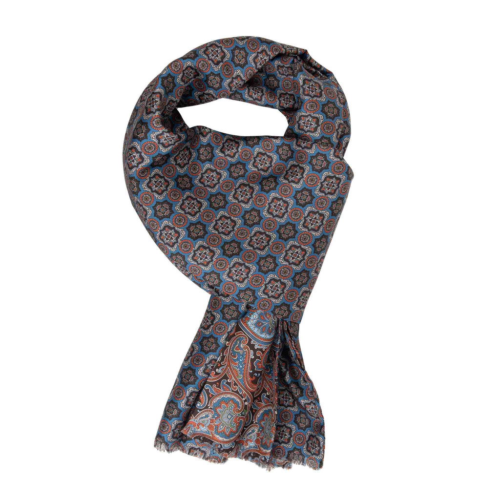 Light Blue, Brown and Orange Paisley and Medallions Silk Scarf Serà Fine Silk