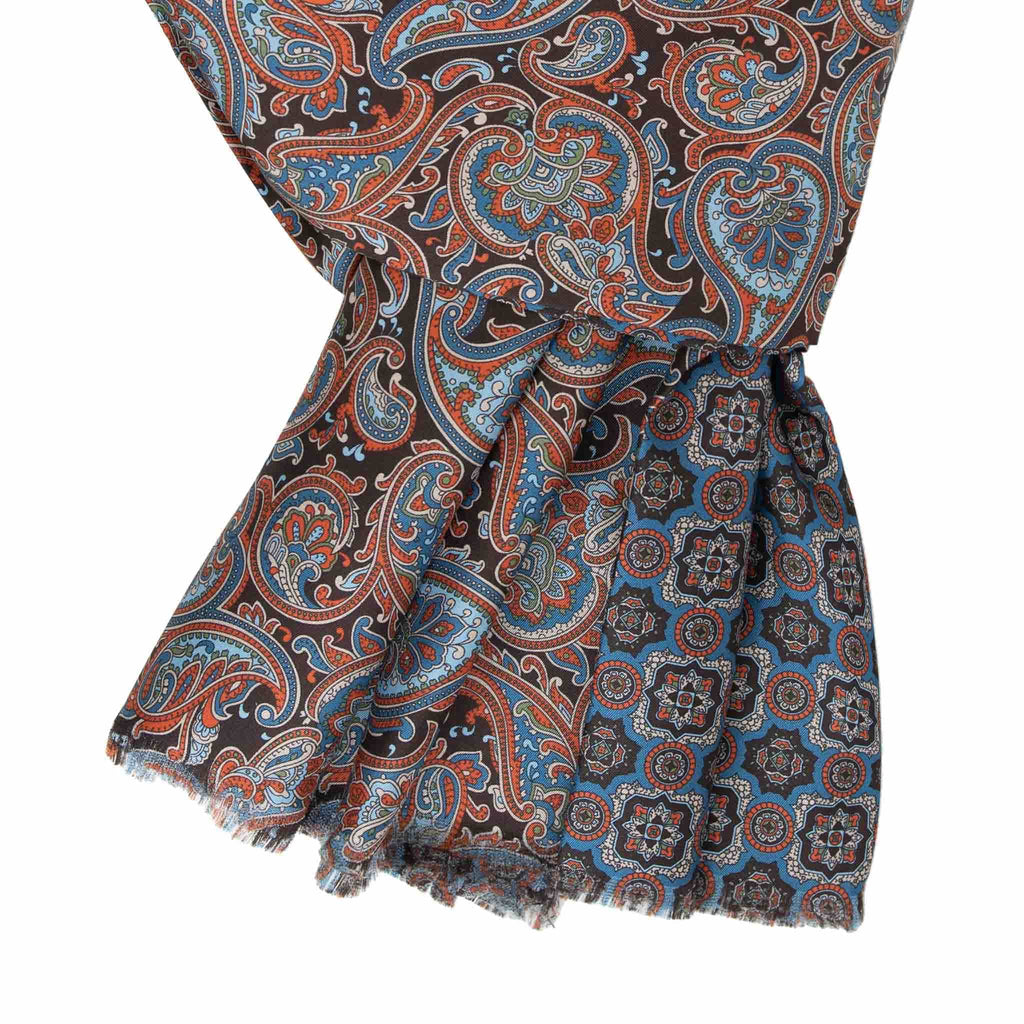 Light Blue, Brown and Orange Paisley and Medallions Silk Scarf Serà Fine Silk