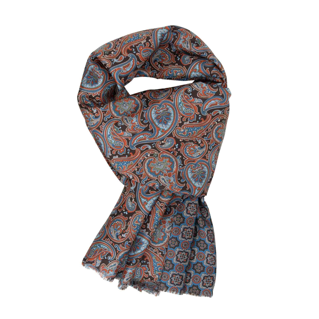 Light Blue, Brown and Orange Paisley and Medallions Silk Scarf Serà Fine Silk