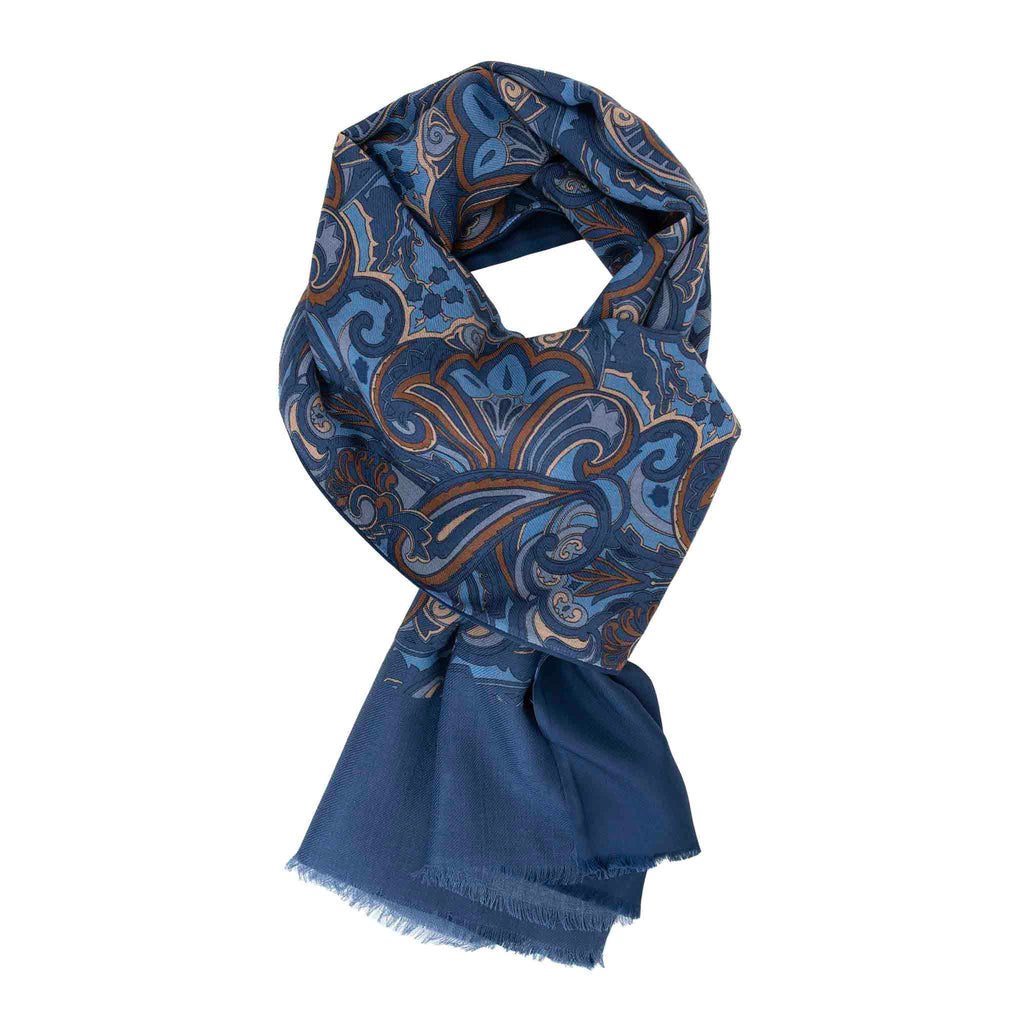 Blue & Brown Paisley Silk and Wool Scarf Serà Fine Silk