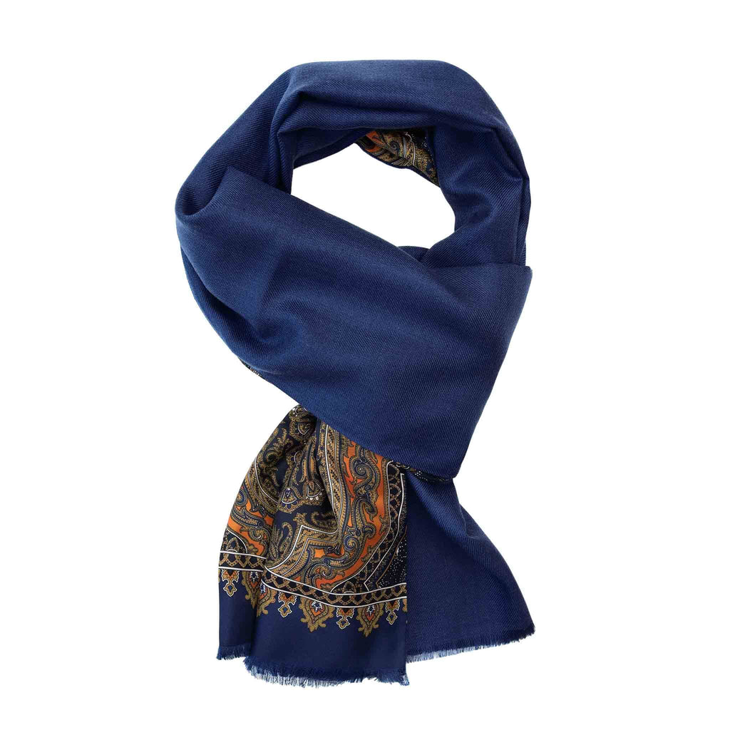 Blue and Orange Paisley Cashmere Scarf Serà Fine Silk