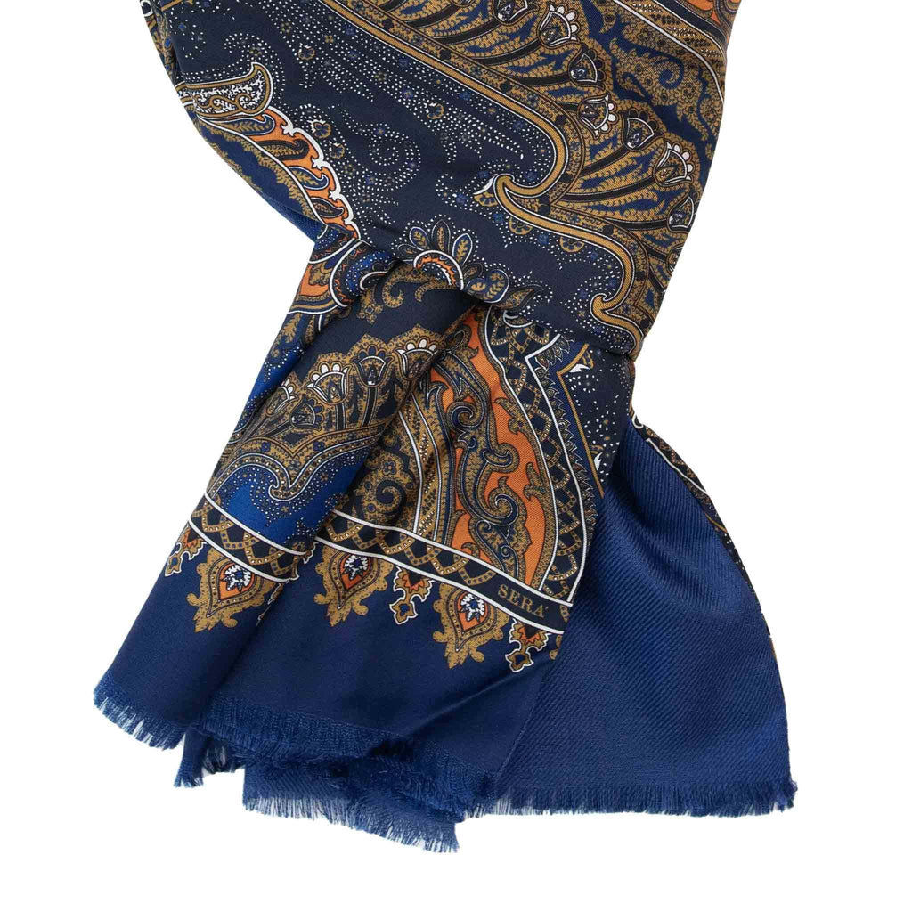 Blue and Orange Paisley Cashmere Scarf Serà Fine Silk