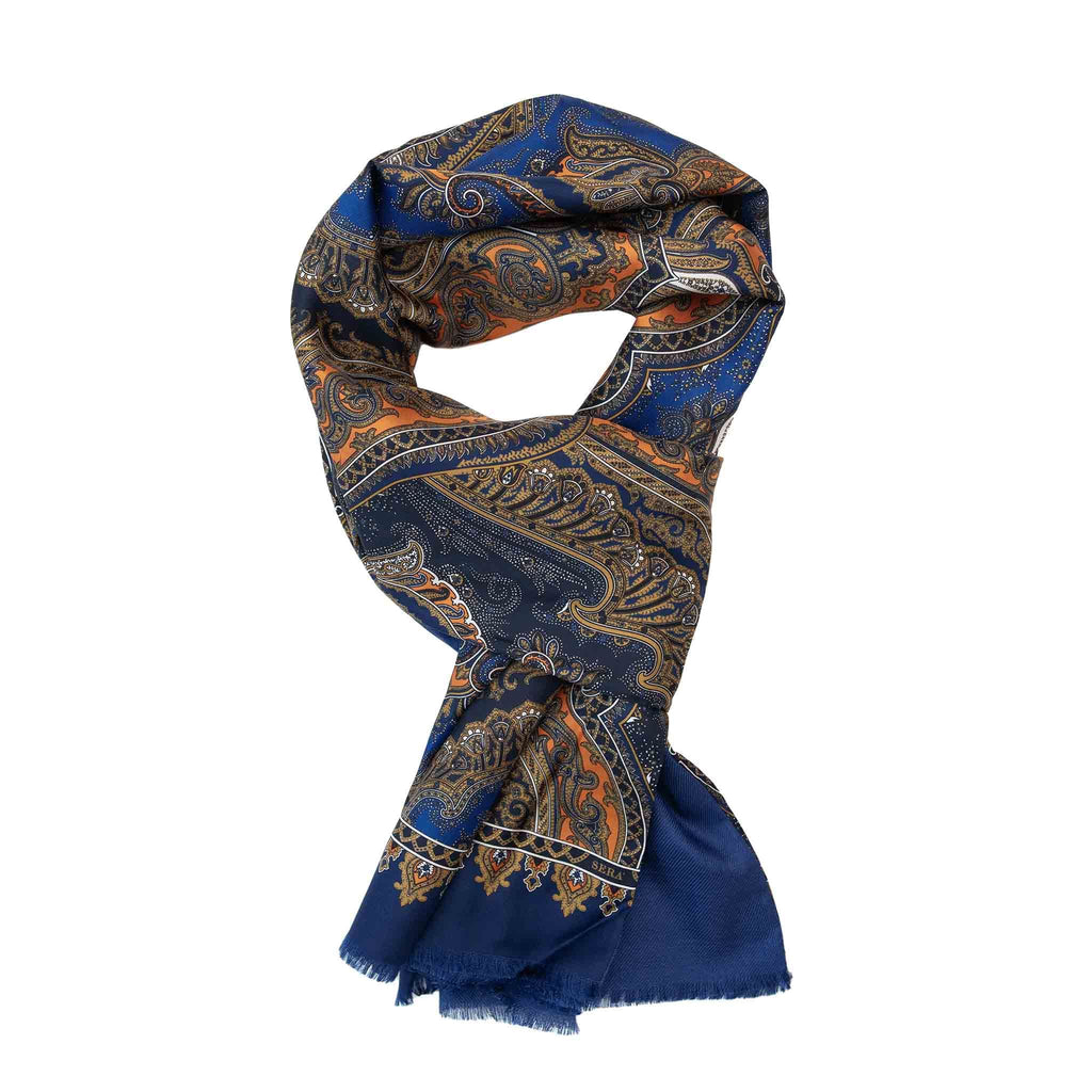 Blue and Orange Paisley Cashmere Scarf Serà Fine Silk