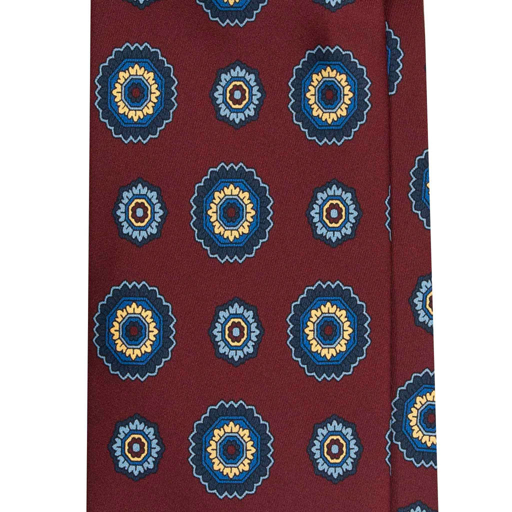 Burgundy Silk Tie with BIg Blue Flowers  Serà Fine Silk