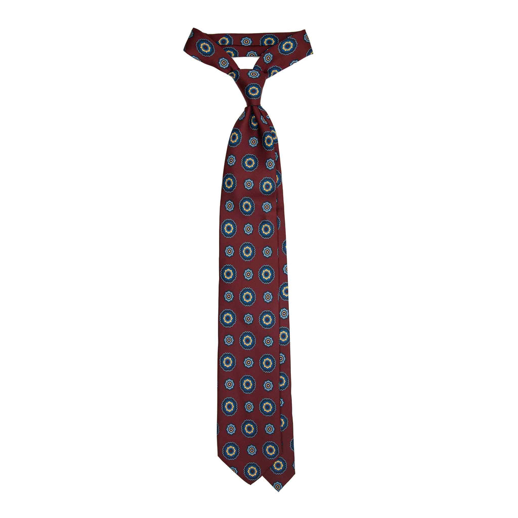 Burgundy Silk Tie with BIg Blue Flowers  Serà Fine Silk