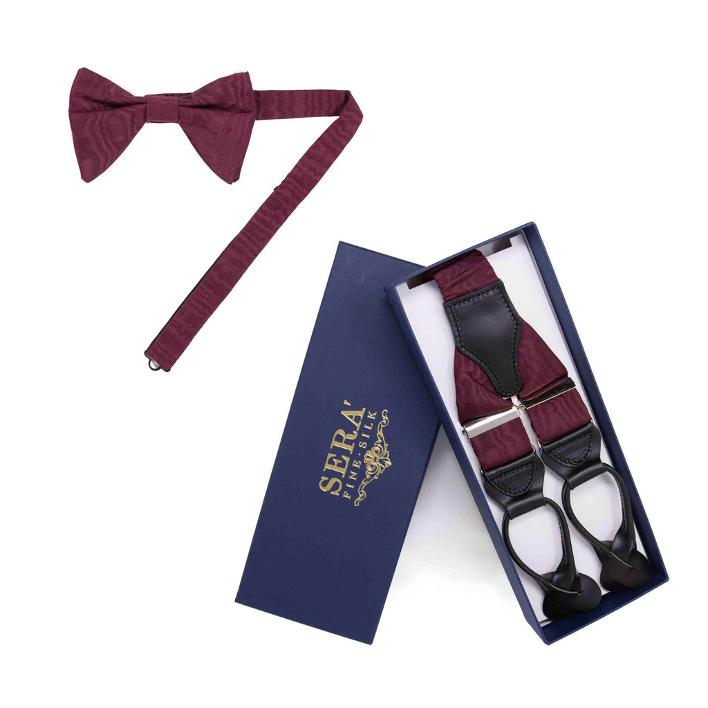 Burgundy Moire Suspenders & Bow Tie Set Serà Fine Silk