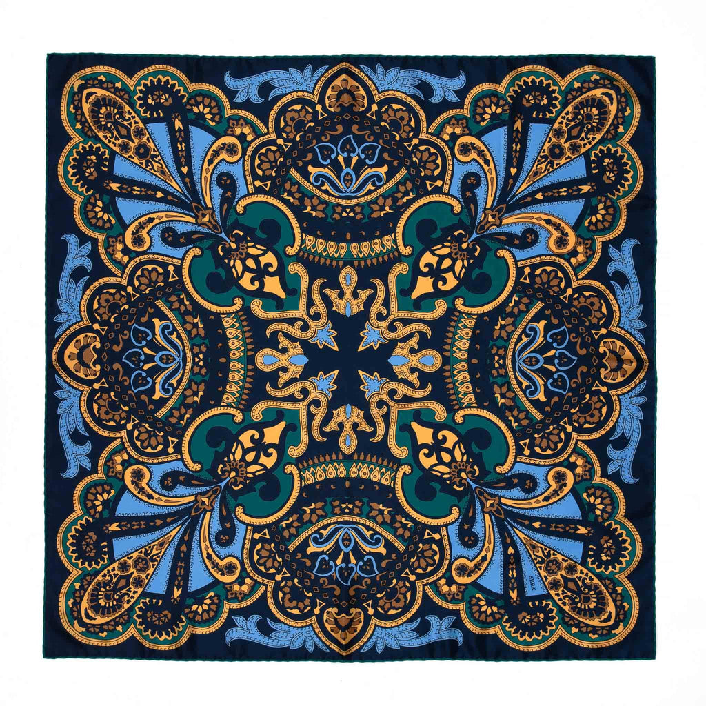 Beatrice Blue and Gold Silk Scarf Serà Fine Silk