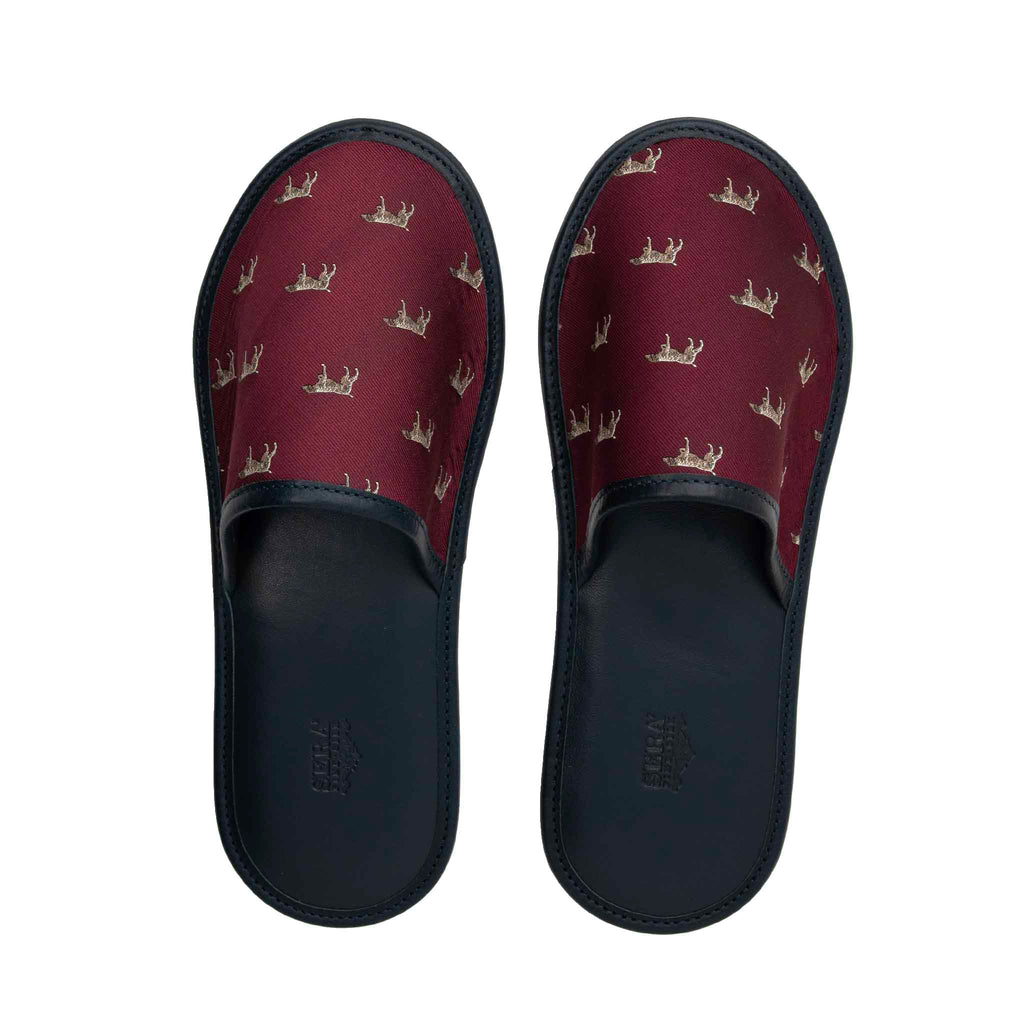 Burgundy Dog Motifs Silk & Leather Slippers Serà Fine Silk