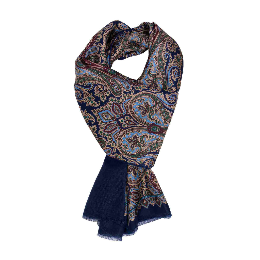 Navy Blue and Sand Paisley Cashmere & Silk Scarf Serà Fine Silk