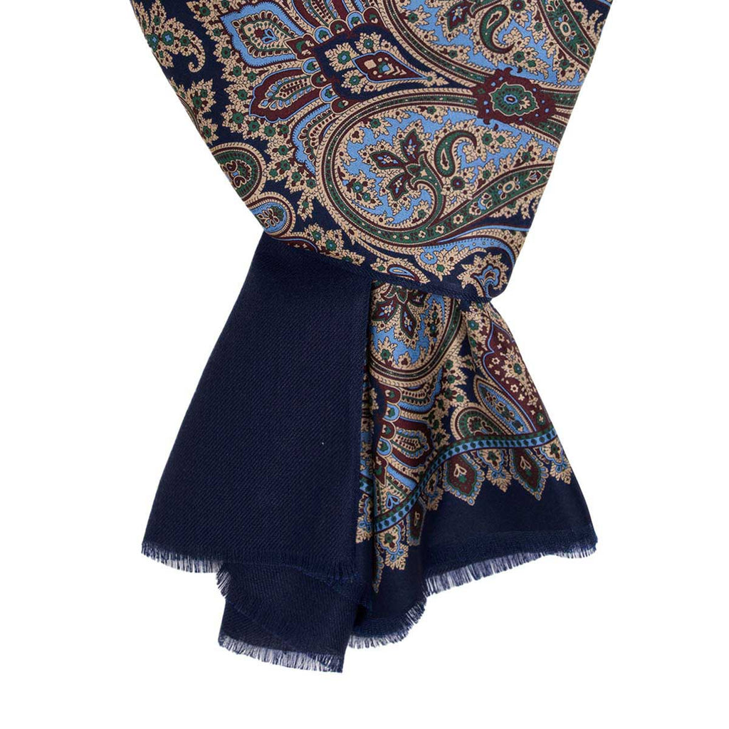 Navy Blue and Sand Paisley Cashmere & Silk Scarf Serà Fine Silk