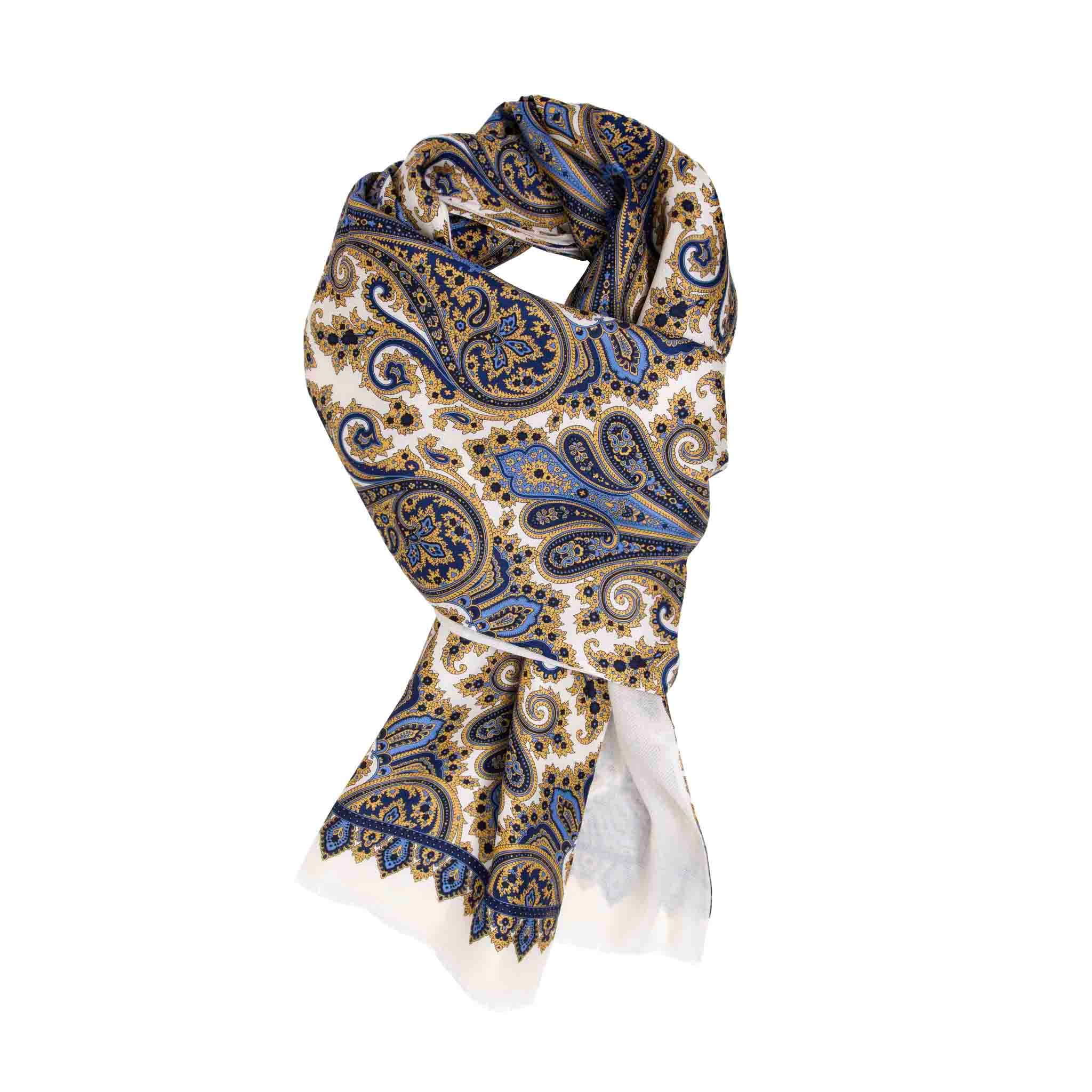 White and Gold Paisley Cashmere Silk Scarf Sera Fine Silk