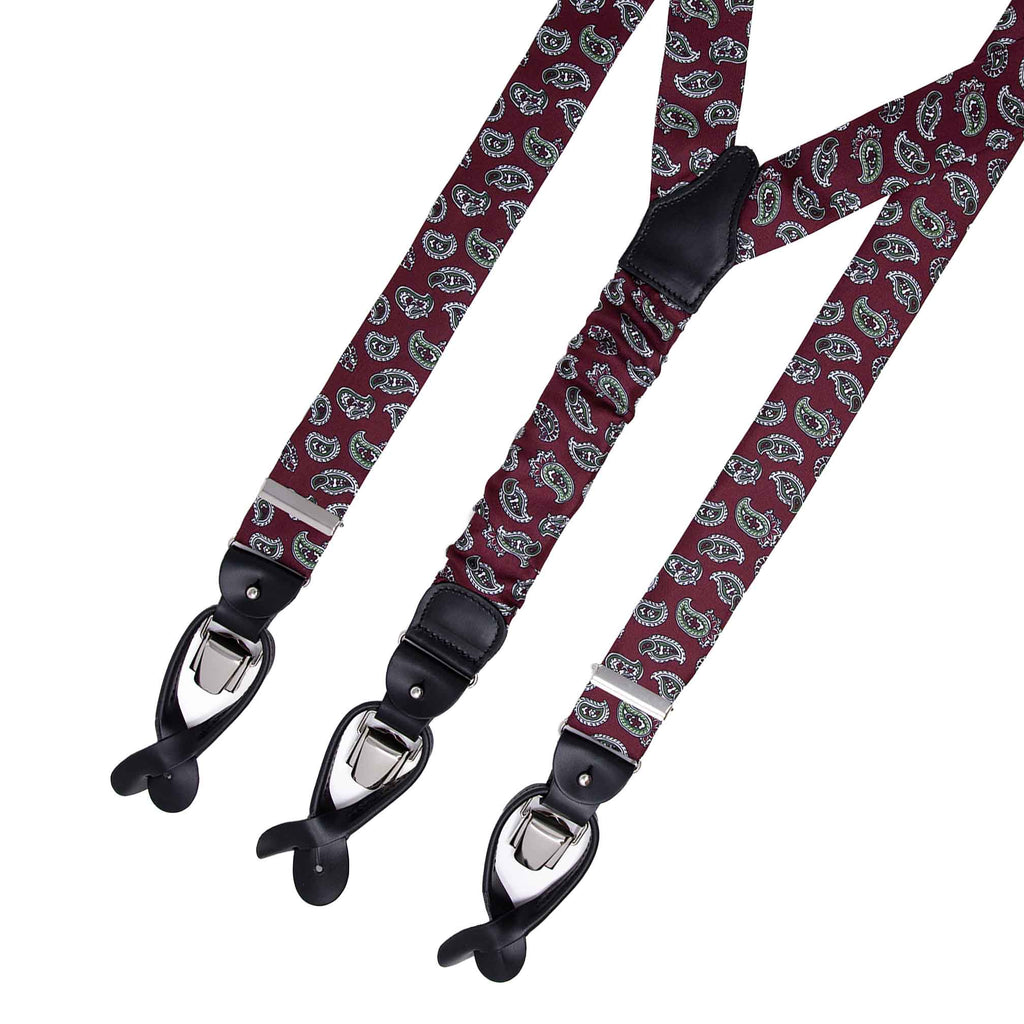 Burgundy and Green Big Paisley Silk Suspenders Serà Fine Silk