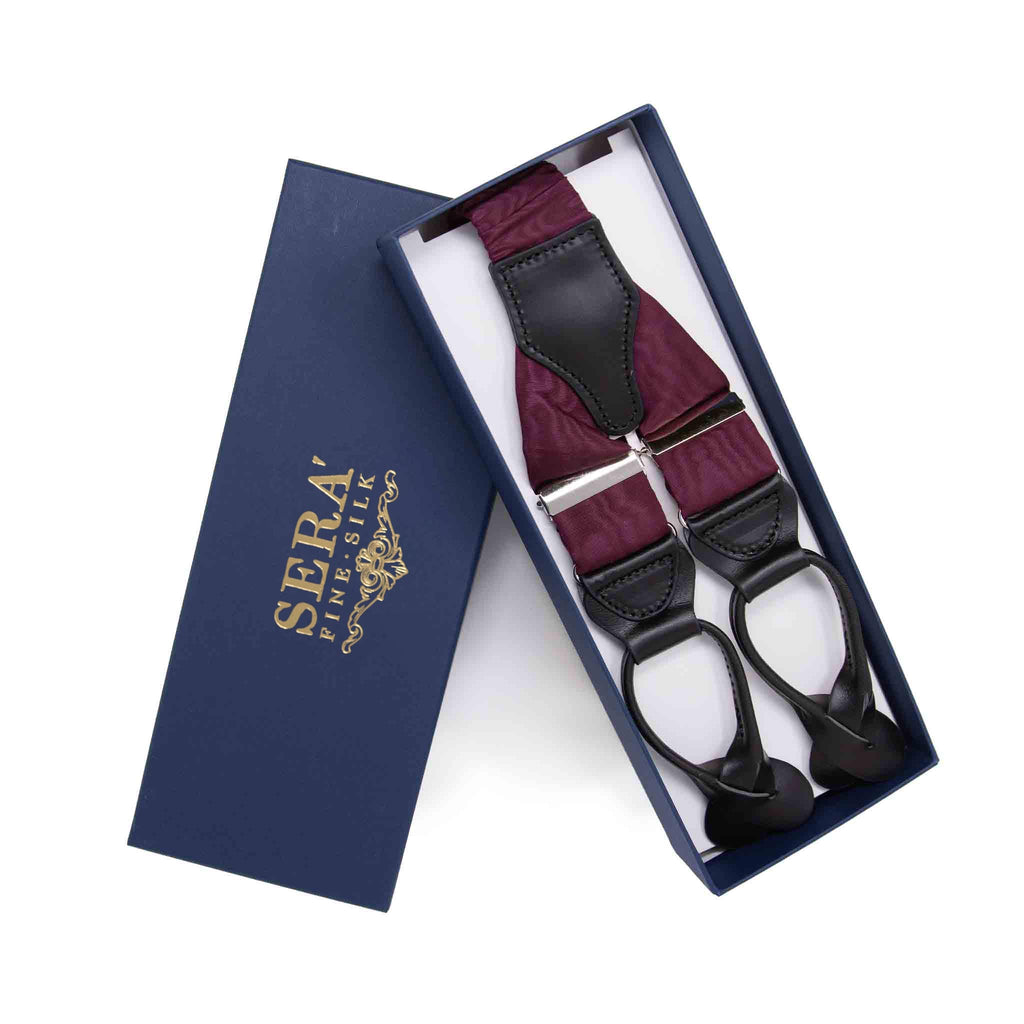 Burgundy Moire Silk Suspenders - Button Only Serà Fine Silk