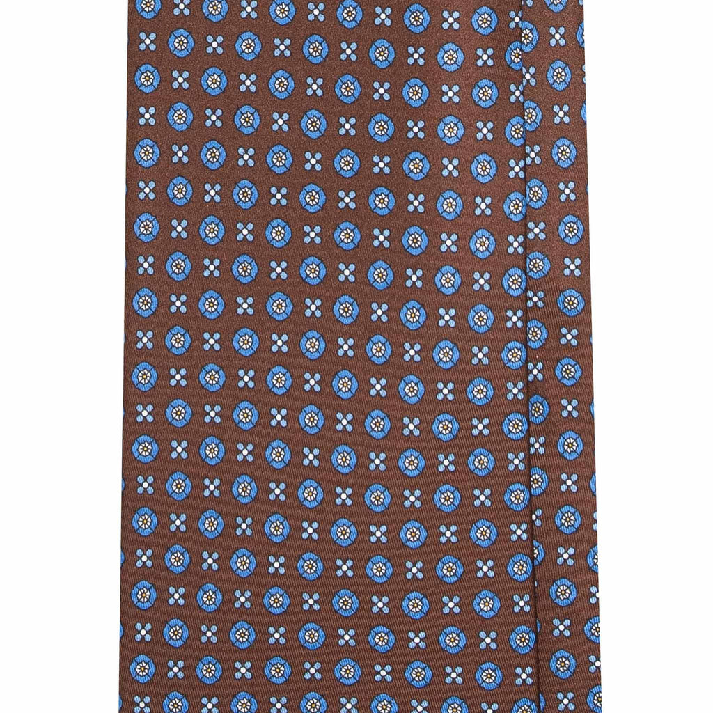 Brown Silk Tie with Blue Small Flowers Pattern Serà Fine Silk