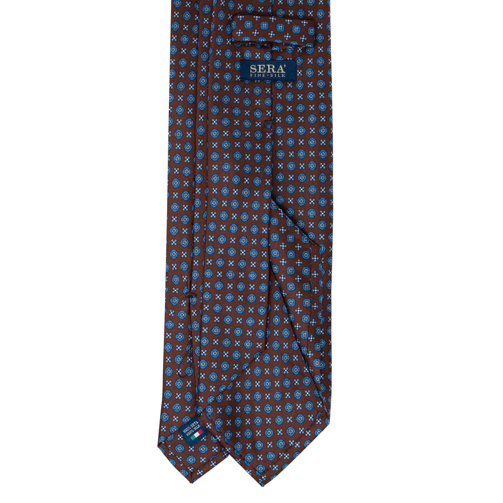 Brown Silk Tie with Blue Small Flowers Pattern Serà Fine Silk