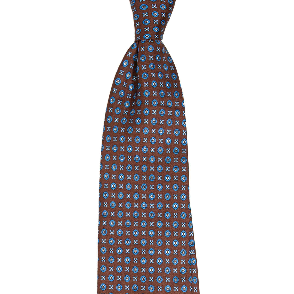 Brown Silk Tie with Blue Small Flowers Pattern Serà Fine Silk