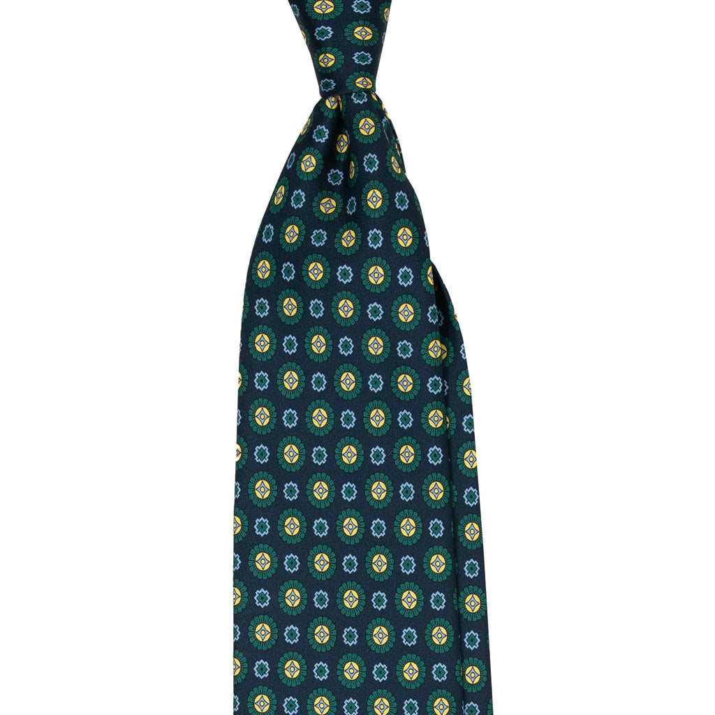 Blue Silk Tie with Green Medallions Serà Fine Silk