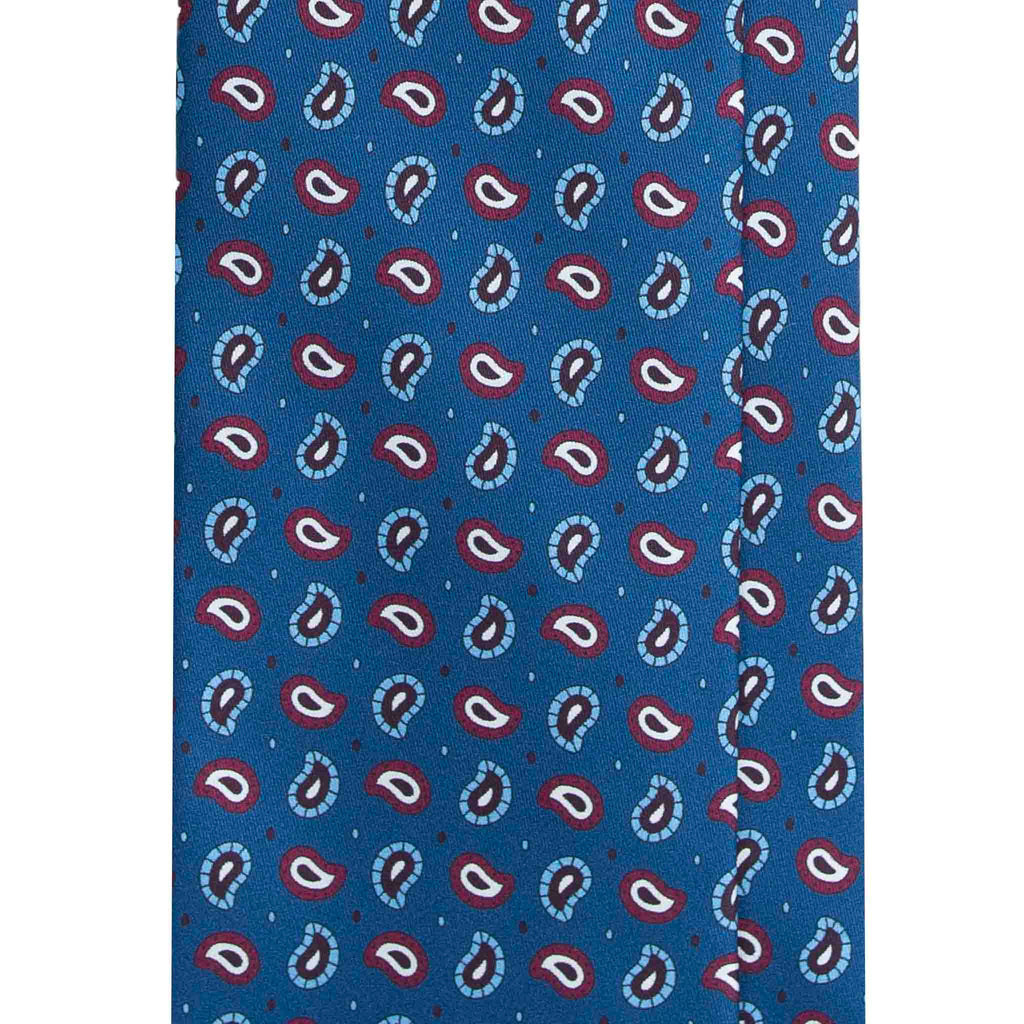 Blue Silk Tie with Burgundy and Light Blue Paisley Pattern Serà Fine Silk