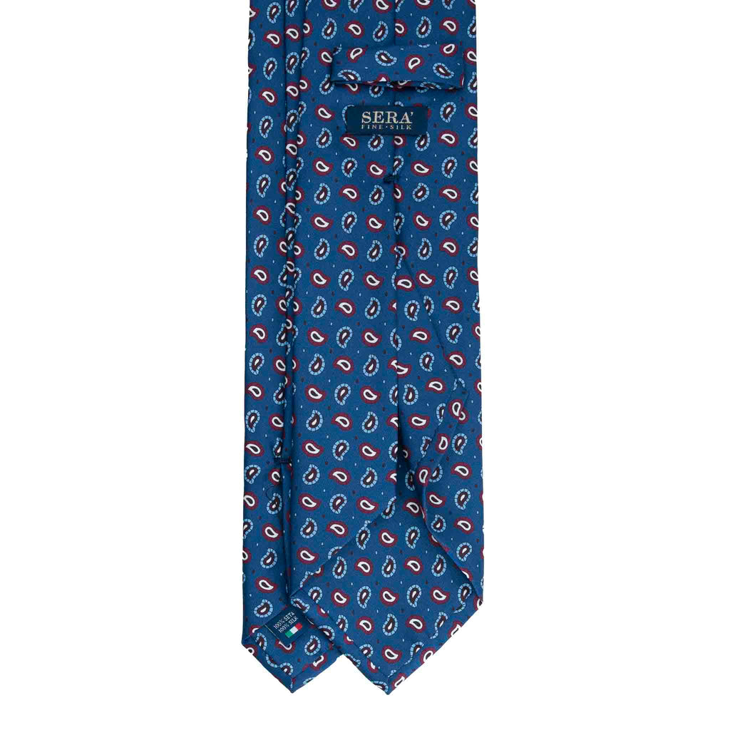 Blue Silk Tie with Burgundy and Light Blue Paisley Pattern Serà Fine Silk