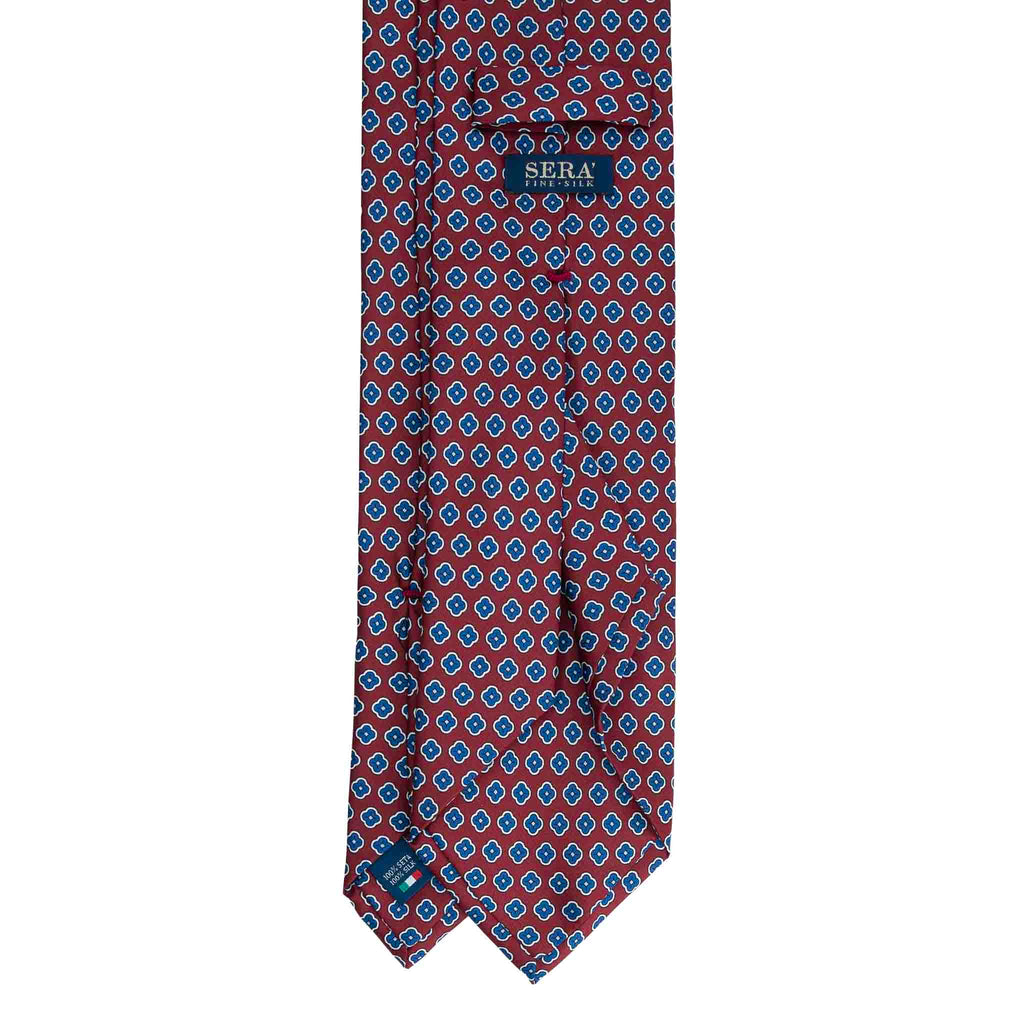 Burgundy Silk Tie with Small Blue Medallions Serà Fine Silk