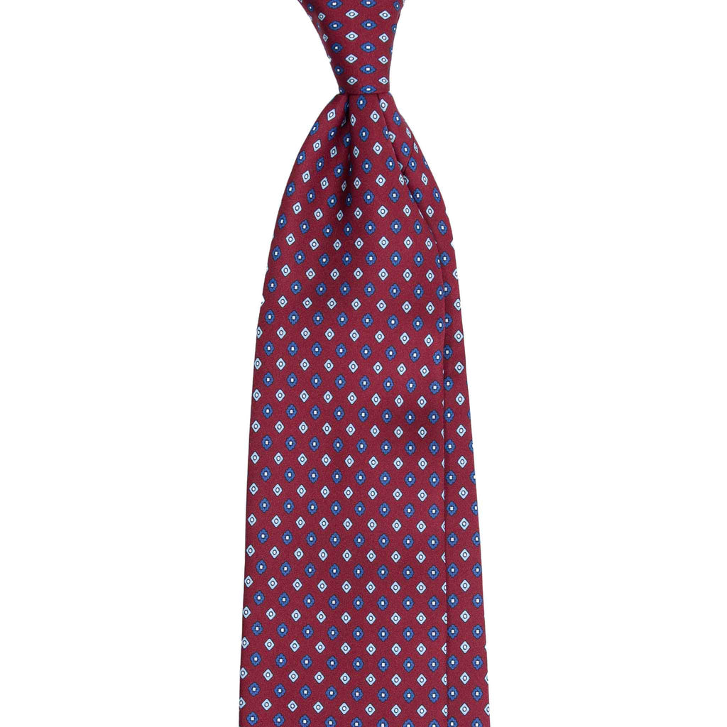 Burgundy Silk Tie with Light Blue Square Flowers Serà Fine Silk