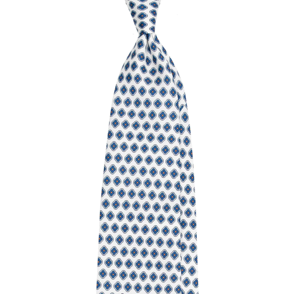 White Silk Tie with Small Blue Medallions Serà Fine Silk